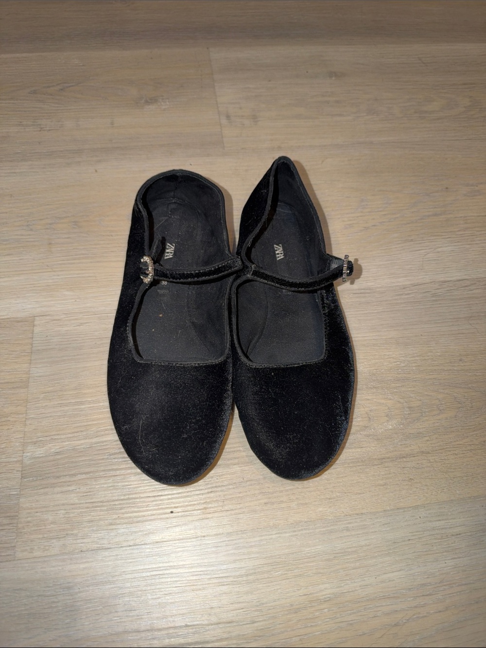 Zara Black Velvet Mary Jane Flats with Decorative Buckle